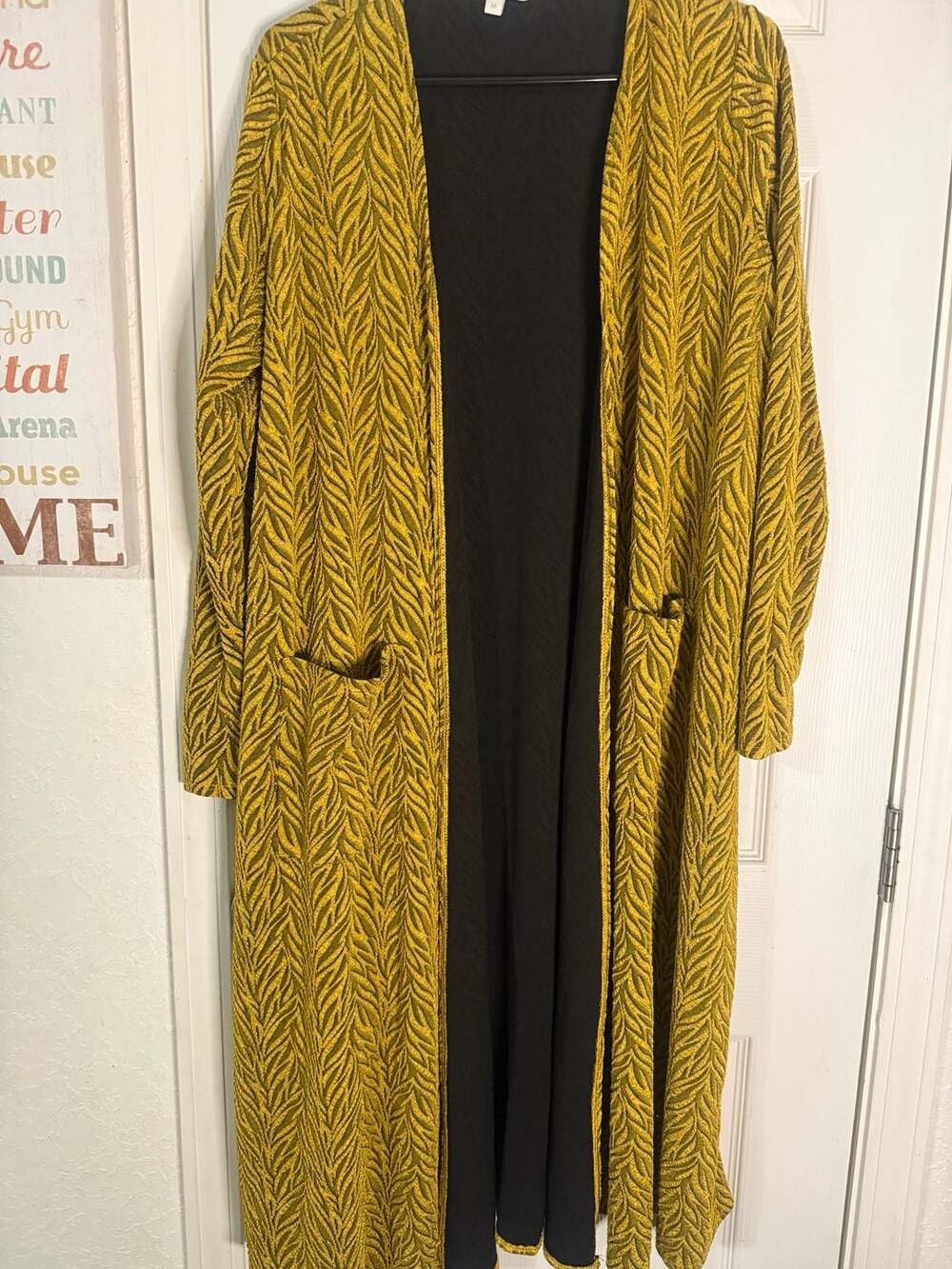 LuLaRoe Sarah Long Cardigan Sweater Gold Mustard Yellow Black Leaf Print Size M